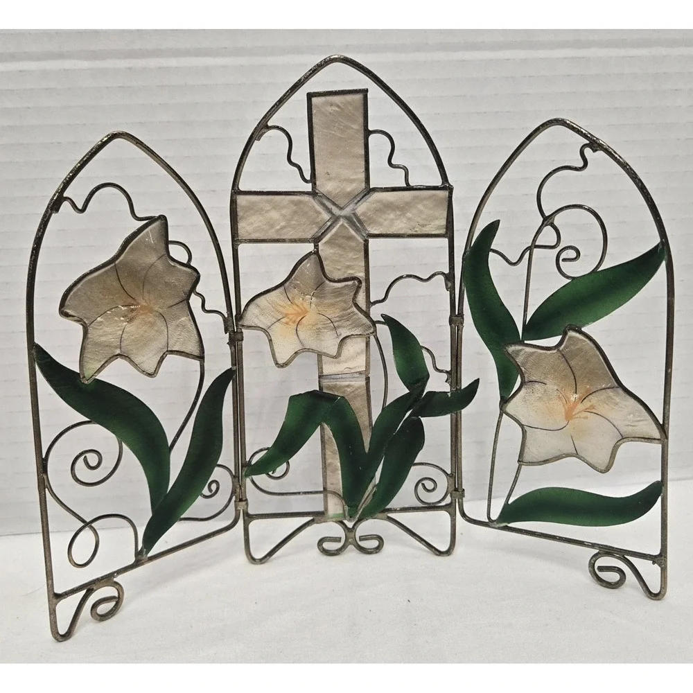 Vtg Capiz Shell Cross Calla Lily Triptych Panel 7.5
